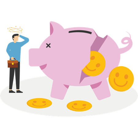 Businessman and woman look at collapsing piggy bank with smiling emoji  Illustration