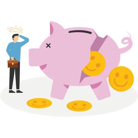 Businessman and woman look at collapsing piggy bank with smiling emoji  Illustration