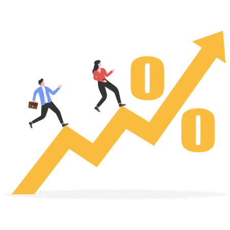 Businessman and woman running on growth arrow  Illustration