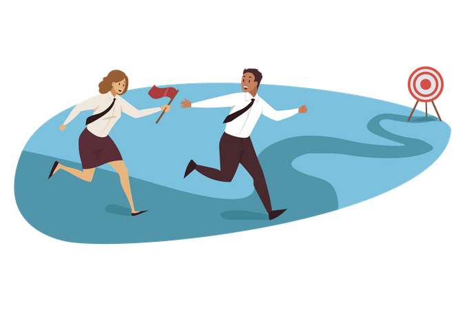 Businessman and woman running to achieving target  Illustration