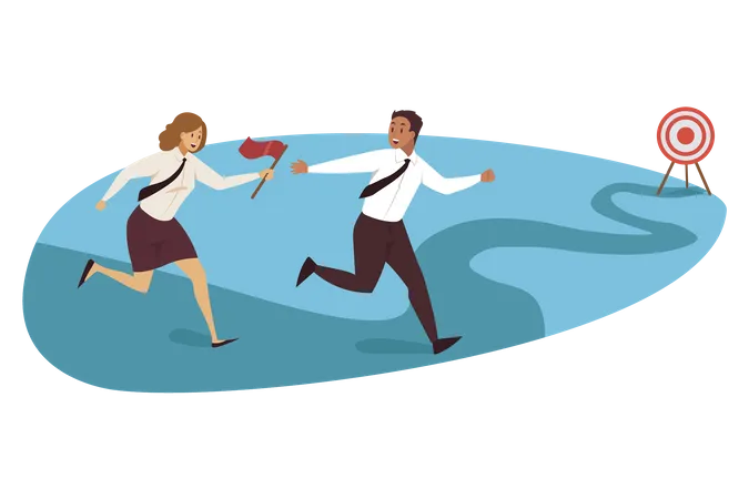 Businessman and woman running to achieving target  Illustration