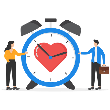 Businessman and woman showing Alarm clock with heart  Illustration