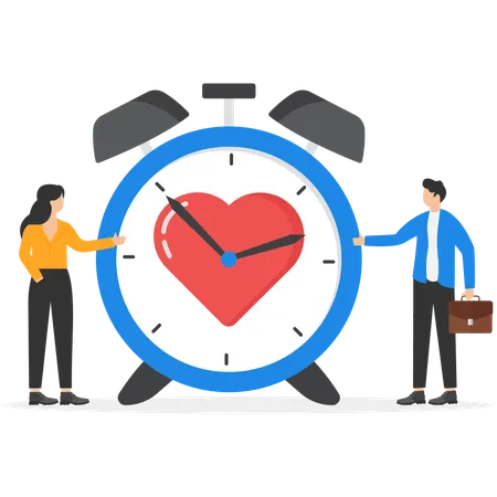 Businessman and woman showing Alarm clock with heart  Illustration