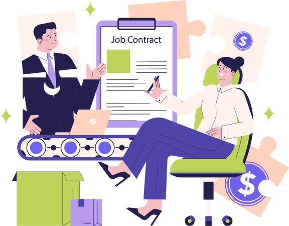 Businessman and woman showing job contract  Illustration
