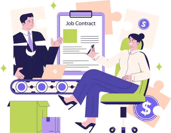 Businessman and woman showing job contract  Illustration