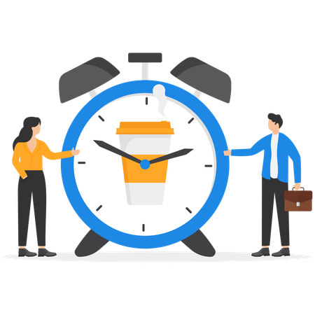 Businessman and woman showing  Ringing alarm clock with coffee cup on clock face  Illustration