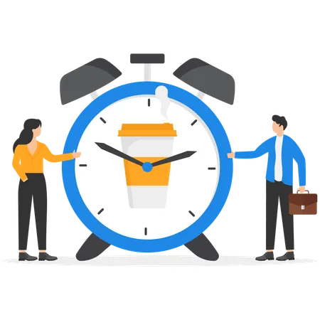 Businessman and woman showing  Ringing alarm clock with coffee cup on clock face  Illustration