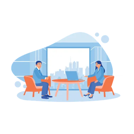 Businessman And Woman Sitting In Armchairs Solving Problems Inside Office  イラスト