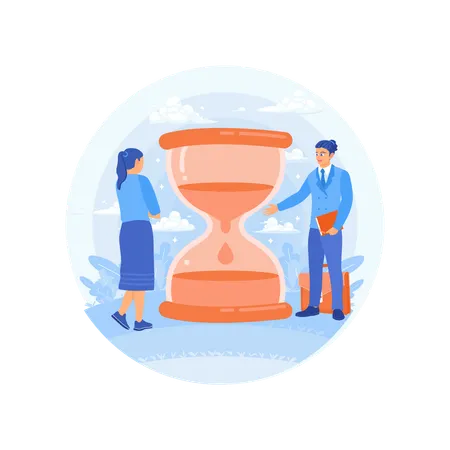 Businessman And Woman Standing Near Hourglass While Manage Time And Work  Illustration