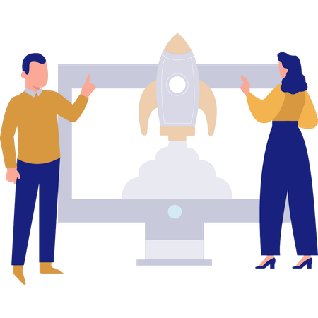 Businessman and woman  talking about startup rocket on monitor  Illustration