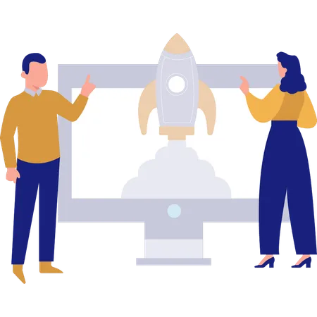 Businessman and woman  talking about startup rocket on monitor  Illustration