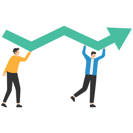 Businessman and woman teamwork help carry big growth rising up the arrow graph  Illustration