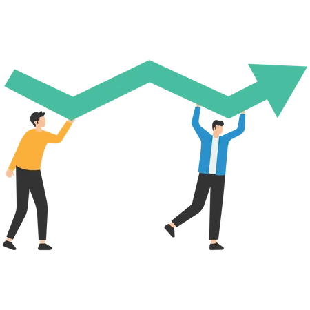Businessman and woman teamwork help carry big growth rising up the arrow graph  イラスト