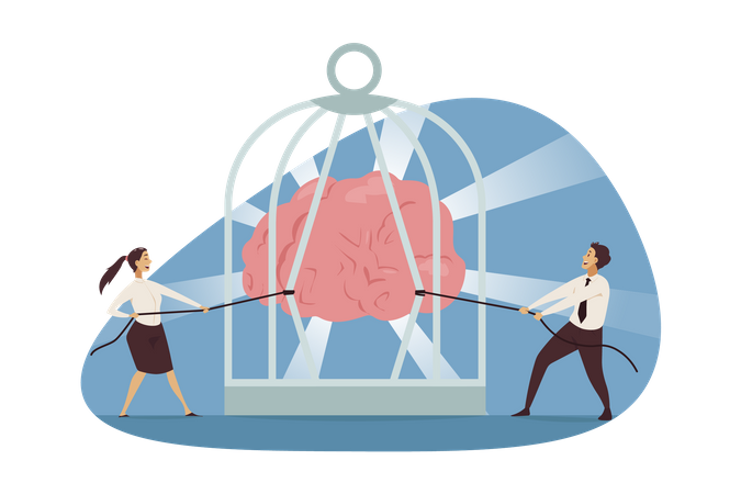 Businessman and woman trying to open cage using rope  Illustration