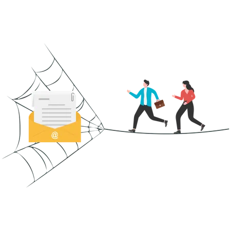 Businessman and woman walking on cobweb and looking uncertainly  Illustration