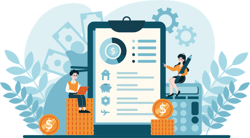 Businessman and woman working on budget analysis  Illustration