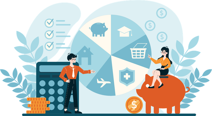 Businessman and woman working on financial budget  Illustration