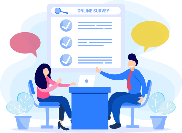 Businessman and woman working on online survey  Illustration