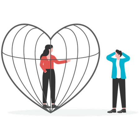 Businessman and women locked in heart shaped cage longing for each other affection  Illustration