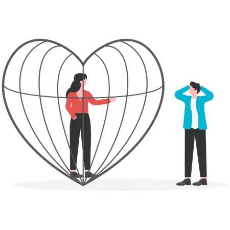 Businessman and women locked in heart shaped cage longing for each other affection  Illustration