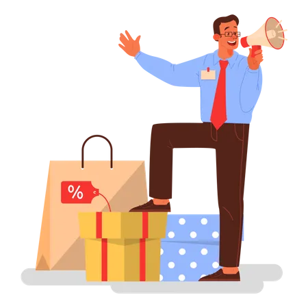 Businessman Announce A Big Discount Low Price Discount And Special Offer Promotion Campaign Isolated Flat Vector Illustration Illustration