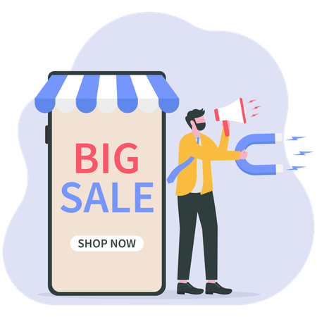 Businessman announces big sale discounts  Illustration