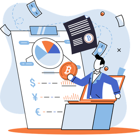 Businessman announces cryptocurrency profit report  Illustration