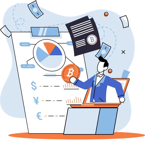 Businessman announces cryptocurrency profit report  Illustration