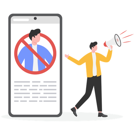 ソーシャルメディアを通じてプロフィール禁止を発表するビジネスマン  イラスト