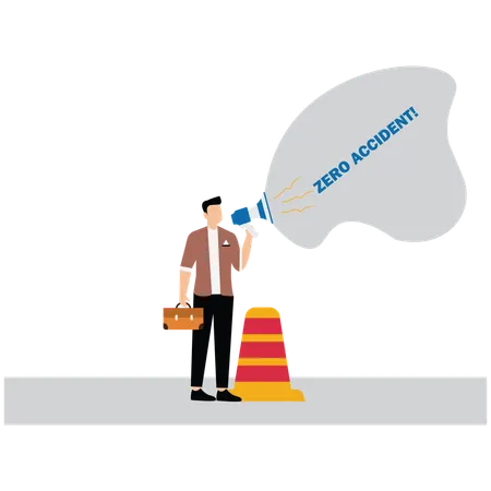 Businessman announcing Zero accidents slogan with bubble shouting symbol  Illustration