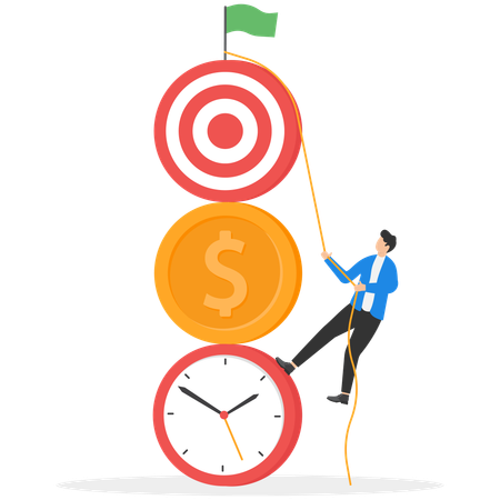 Businessman applying his efforts hangs on a large clock  Illustration