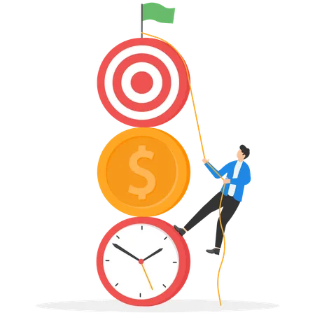 Businessman applying his efforts hangs on a large clock  Illustration