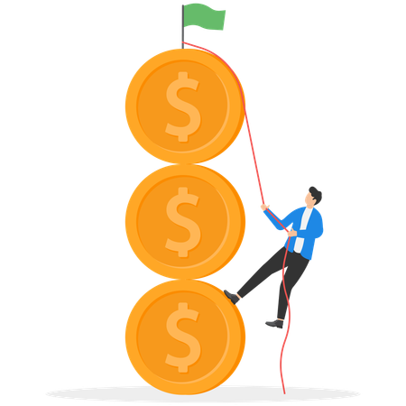 Businessman applying his efforts hangs on a large coin  Illustration