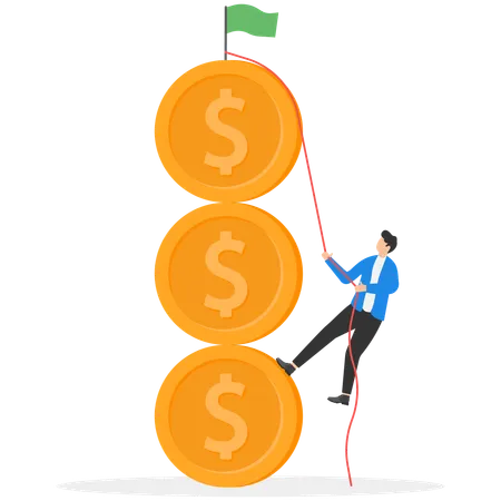 Businessman applying his efforts hangs on a large coin  Illustration