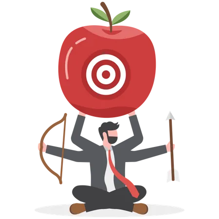 Businessman archery holding arrow and bow meditate and focus on bullseye target at center of apple  Illustration