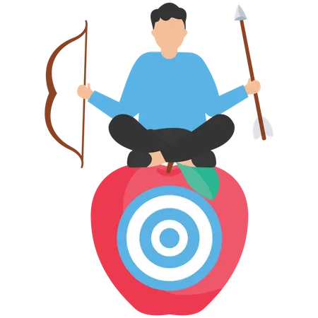 Businessman archery holding arrow and bow meditate and focus on bullseye target at the center of apple  Illustration