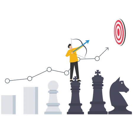 Businessman archery on king chess growth chart aiming at target  Illustration