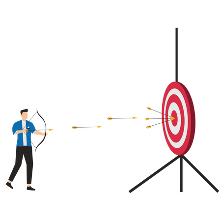 Businessman archery precision with every shot hitting the bull eye  Illustration