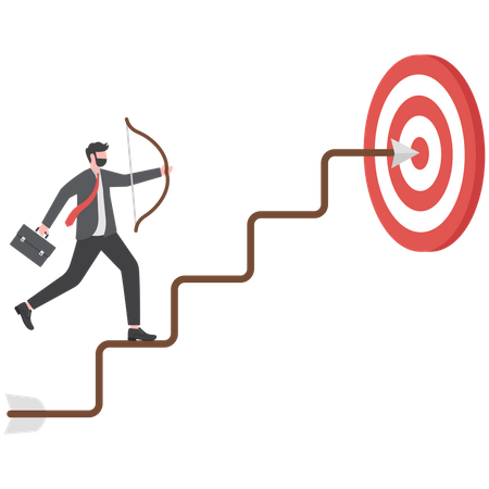 Businessman archery run on stair case arrow to reach goal  イラスト