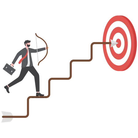 Step To Reach Goal Success Or Achieve Business Target Strategy Plan To Improve And Overcome Challenge Progress Or Aiming To Win Concept Businessman Archery Run On Stair Case Arrow To Reach Goal イラスト