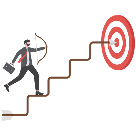 Businessman archery run on stair case arrow to reach goal  Illustration