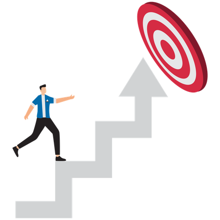 Businessman archery run on stair case arrow to reach goal  Illustration