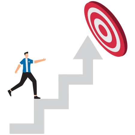 Businessman archery run on stair case arrow to reach goal  Illustration