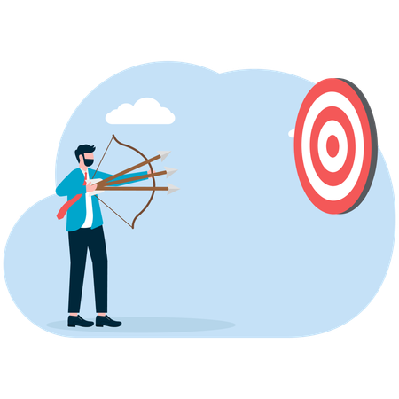 Businessman archery shoots three arrows together  Illustration