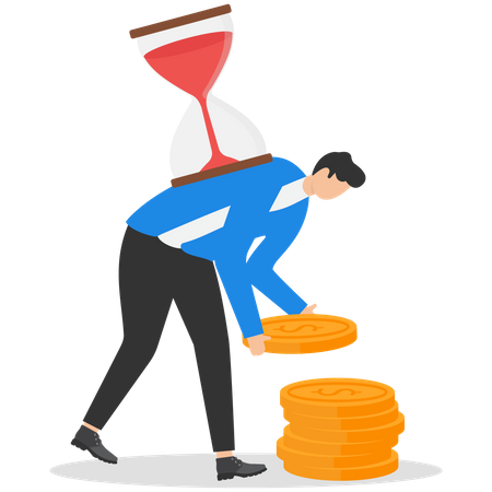 Businessman arranging dollar coins within deadline  Illustration