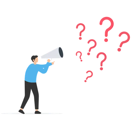 Businessman ask questions on megaphone with lot of question mark  Illustration