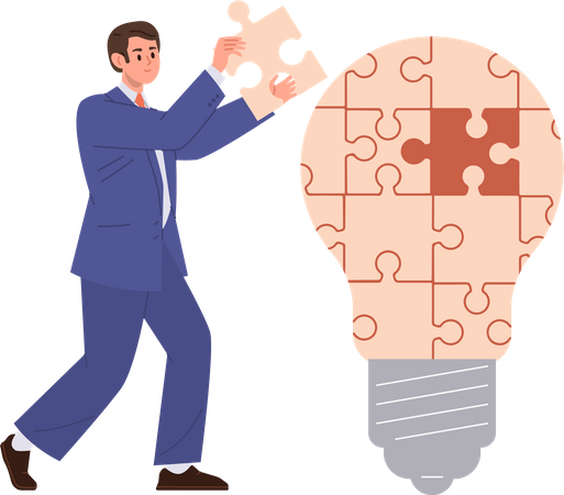 Businessman assembling puzzle pieces into idea  Illustration