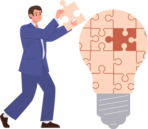 Businessman Cartoon Character Assembling Puzzle Pieces Into Idea Lamp Lightbulb To Solve Problem Vector Illustration Motivated Office Worker Employee Wearing Suit Get Solution To Overcome Difficulty Illustration