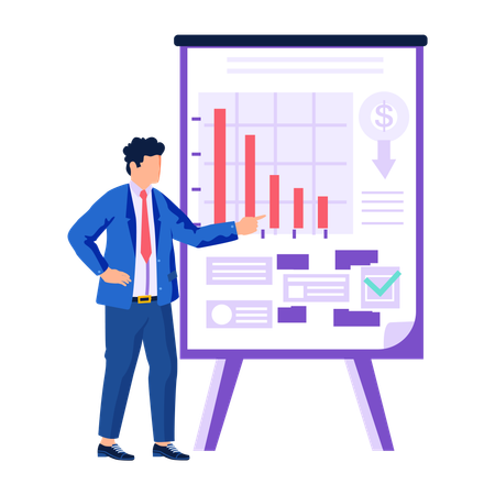 Businessman at dashboard analyzing data on growing graph  Illustration