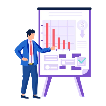 Businessman at dashboard analyzing data on growing graph  Illustration